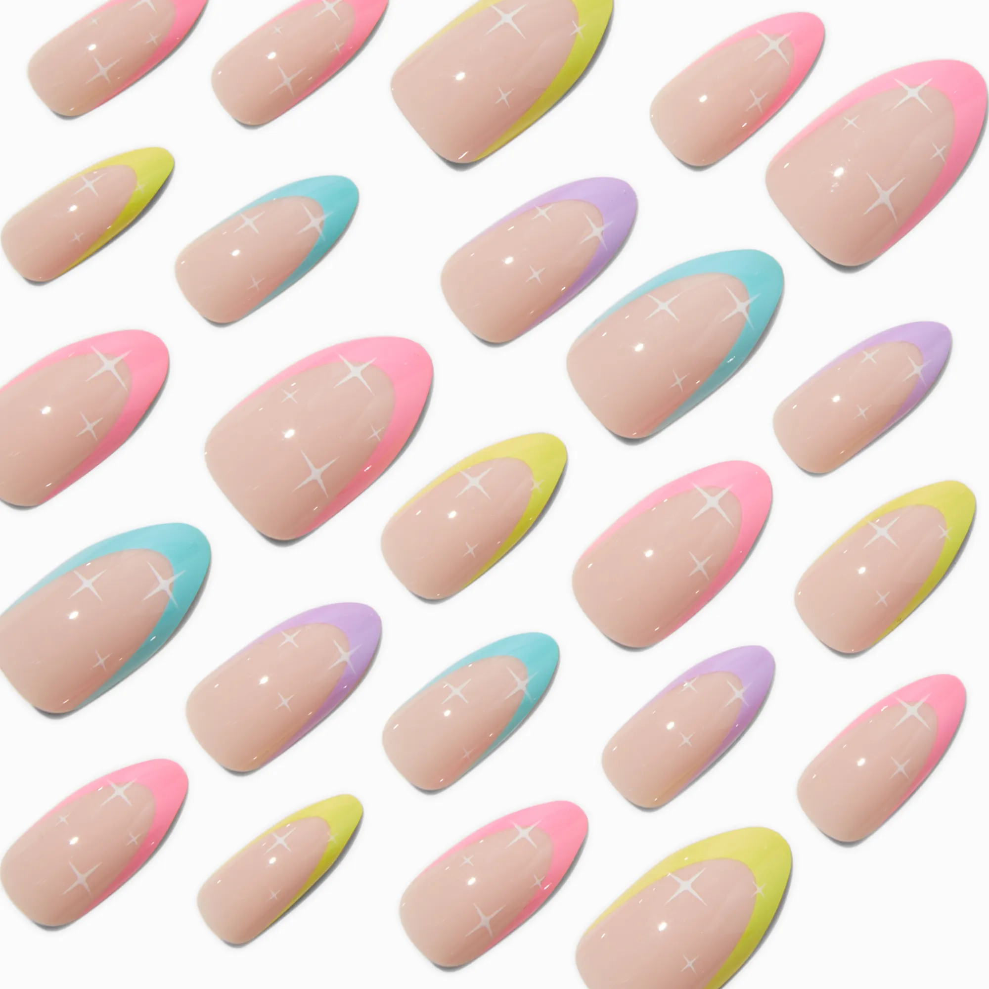 Claire's Ongles-Faux ongles vegan stiletto à étoiles style French manucure arc-en-ciel - Lot de 24