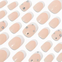 Claire's Ongles-French Tip Bling Medium Oval Vegan Faux Nail Set - 24 Pack