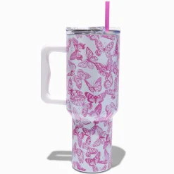 Claire's Gourdes Et Tasses-Gobelet à anse en acier inoxydable avec papillons roses