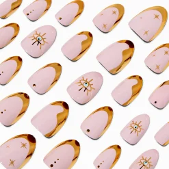 Claire's Ongles-Gold Celestial French Tip Short Almond Vegan Faux Nail Set - 24 Pack