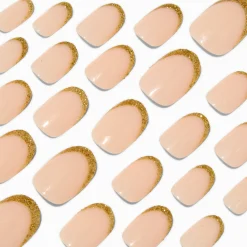 Claire's Ongles-Gold Glitter French Tip Medium Oval Vegan Faux Nail Set - 24 Pack