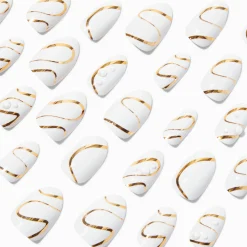 Claire's Ongles-Gold Squiggle & Pearl Short Almond Vegan Faux Nail Set - 24 Pack