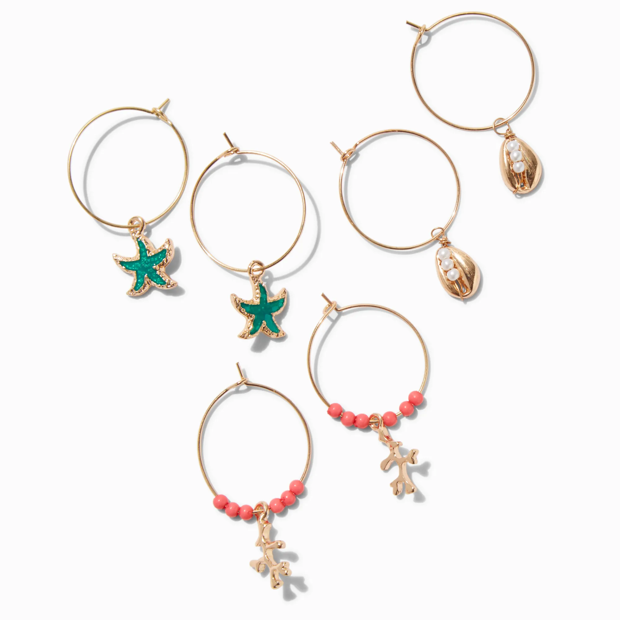 Claire's Anneaux-Gold-tone Coral Sea Shell Hoop Earrings - 3 Pack