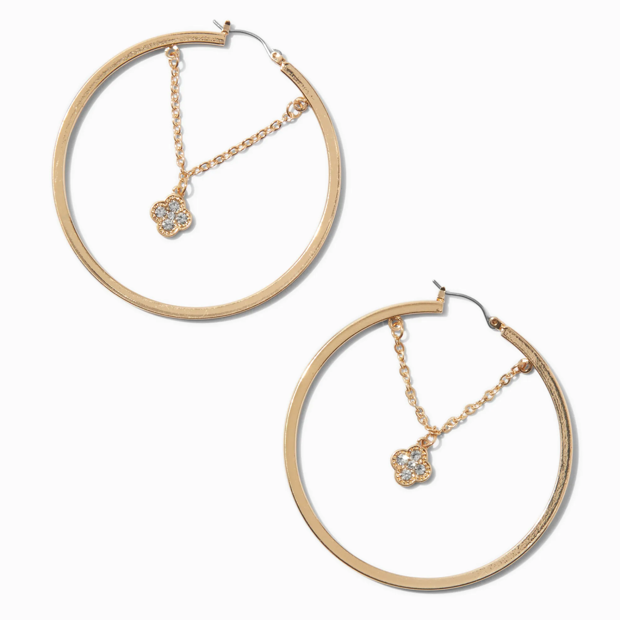 Claire's Anneaux-Gold-tone Crystal Clover Chain 60mm Hoop Earrings