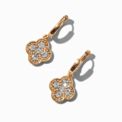 Claire's Anneaux-Gold-tone Crystal Clover 12mm Hoop Earrings