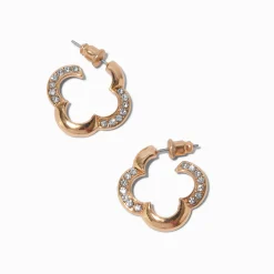 Claire's Anneaux-Gold-tone Crystal Pavé Clover Hoop Earrings