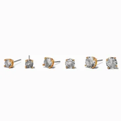 Claire's Clous D'oreilles-Gold-tone Cubic Zirconia 5mm, 6mm, & 7mm Round Stud Earrings - 3 Pack