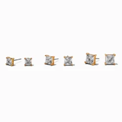 Claire's Clous D'oreilles-Gold-tone Cubic Zirconia 5mm, 6mm, & 7mm Square Stud Earrings - 3 Pack