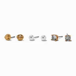 Claire's Clous D'oreilles-Gold-tone Cubic Zirconia Sand Dollar Stud Earrings - 3 Pack