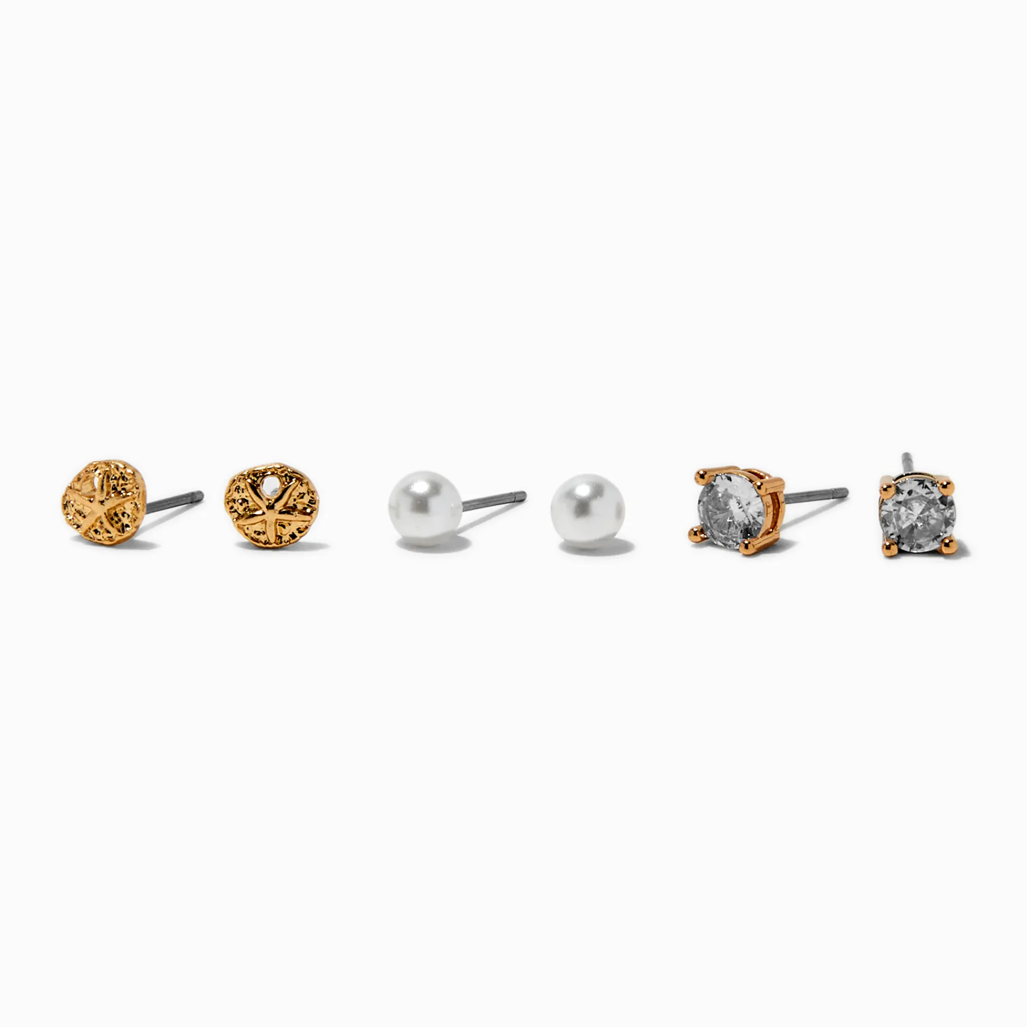 Claire's Clous D'oreilles-Gold-tone Cubic Zirconia Sand Dollar Stud Earrings - 3 Pack