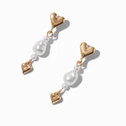 Claire's Pendantes-Gold-tone Heart Pearl Drop Earrings