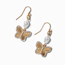 Claire's Pendantes-Gold-tone Pavé Butterfly Pearl Drop Earrings