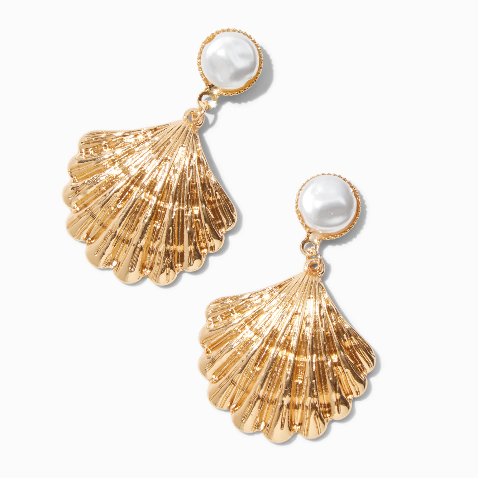 Claire's Pendantes-Gold-tone Pearl Seashell Drop Earrings
