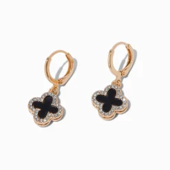 Claire's Anneaux-Gold-tone Pink & Black Crystal Clover 12mm Hoop Earrings