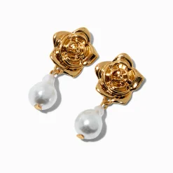 Claire's Pendantes-Gold-tone Rose & Pearl Micro Drop Earrings