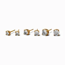 Claire's Clous D'oreilles|Bijoux Premium-Gold-tone Stainless Steel Cubic Zirconia Round Stud Earrings - 3 Pack