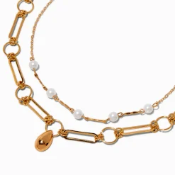 Claire's Colliers-Gold-tone Teardrop Paper Clip & Pearl Chain Multi-Strand Necklace