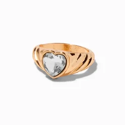 Claire's Bagues-Gold-tone Textured Clear Heart Ring