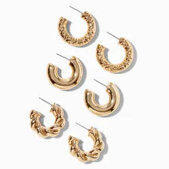 Claire's Anneaux-Gold-tone Textured Hoop Earrings - 3 Pack