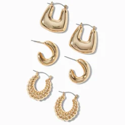 Claire's Anneaux-Gold-tone Textured Mixed Hoop Earring Stackables Set - 3 Pack
