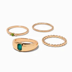 Claire's Bagues-Green Rhinestone Gold-tone Signet Ring Set - 4 Pack