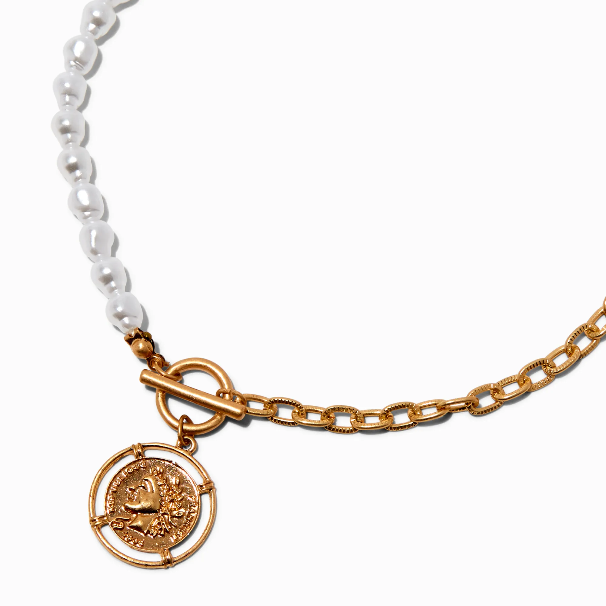 Claire's Colliers-Half Pearl Gold-tone Chain Coin Pendant Necklace