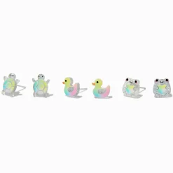 Claire's Clous D'oreilles-Iridescent Glitter Turtle, Frog, & Duck Stud Earrings - 3 Pack