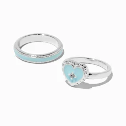 Claire's Bagues-Light Blue Enamel Heart Rings Stack - 2 Pack