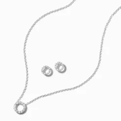 Claire's Clous D'oreilles|Colliers-Lot clous d'oreilles et collier à pendentif circulaire en zircon cubique couleur argentée