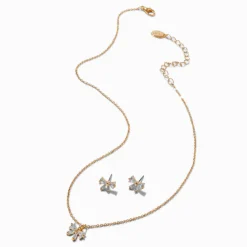 Claire's Clous D'oreilles|Parures De Bijoux-Lot clous d'oreilles et collier à pendentif nœud en zircon cubique couleur dorée