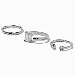 Claire's Bagues-Lot de bagues ajourées sur le devant en zircon cubique couleur argentée - Lot de 3