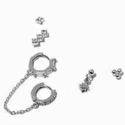 Claire's Clous D'oreilles-Lot de boucles d’oreilles empilables en strass en zircon cubique couleur argentée - Lot de 3