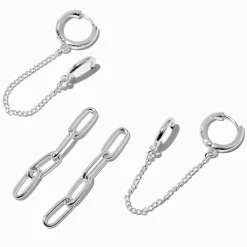 Claire's Pendantes-Lot de boucles d'oreilles reliées par une chaîne avec clip trombone couleur argentée - Lot de 3