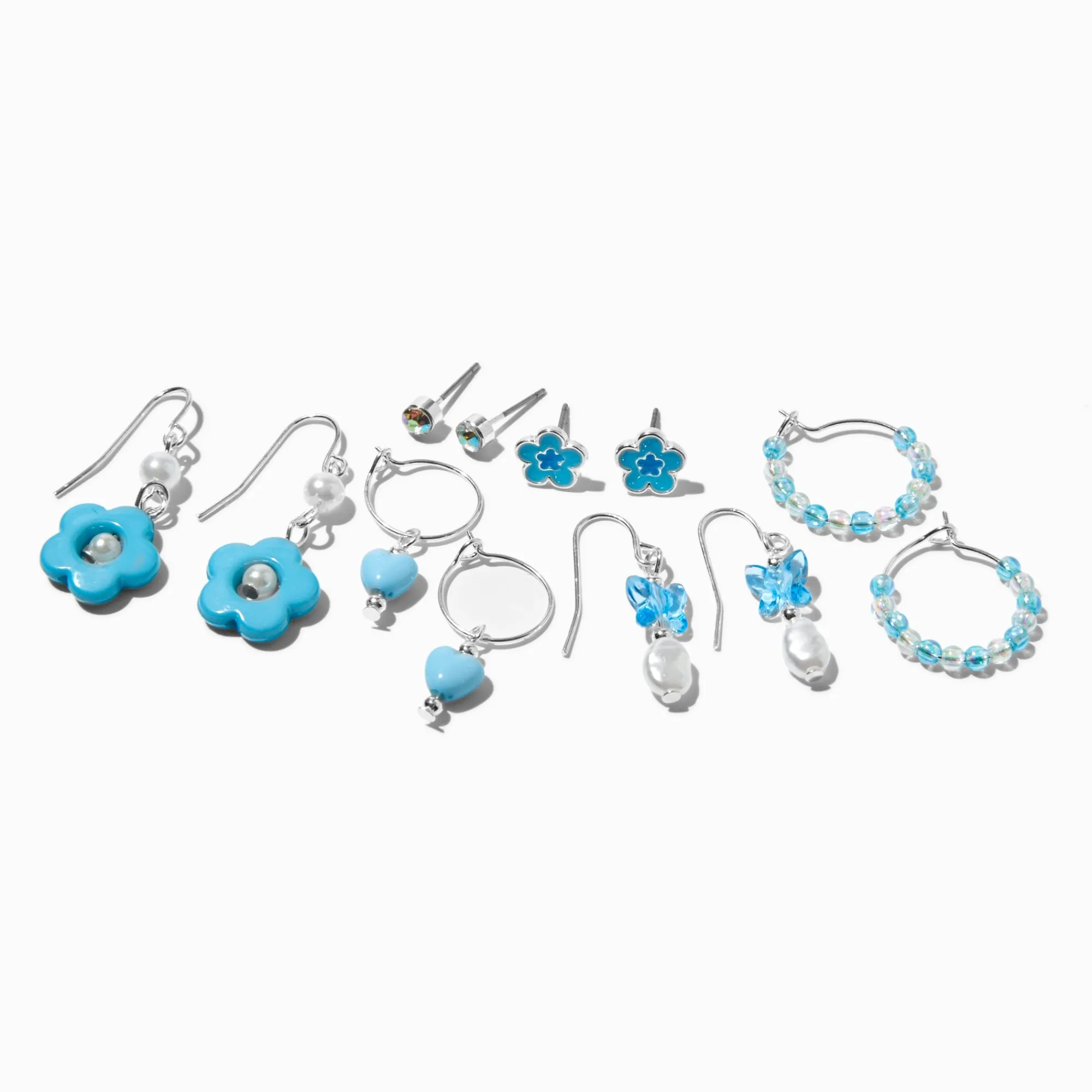 Claire's Anneaux|Pendantes-Lot de boucles d'oreilles superposables avec fleurs perlées bleues années 90 - Lot de 6