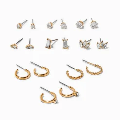 Claire's Anneaux|Clous D'oreilles-Lot de boucles d'oreilles variées extravagantes en zircon cubique couleur dorée - Lot de 9
