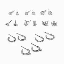 Claire's Anneaux|Clous D'oreilles-Lot de boucles d'oreilles variées extravagantes en zircon cubique couleur argentée - Lot de 9