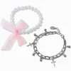 Claire's Bracelets-Lot de bracelets multi-rangs chaîne croix couleur argentée et perle d'imitation nœud roses - Lot de 2