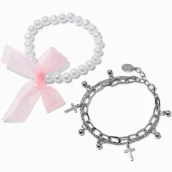 Claire's Bracelets-Lot de bracelets multi-rangs chaîne croix couleur argentée et perle d'imitation nœud roses - Lot de 2