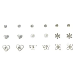 Claire's Clous D'oreilles-Lot de 9 paires de clous d'oreilles floraux, perles d’imitation et strass couleur argentée