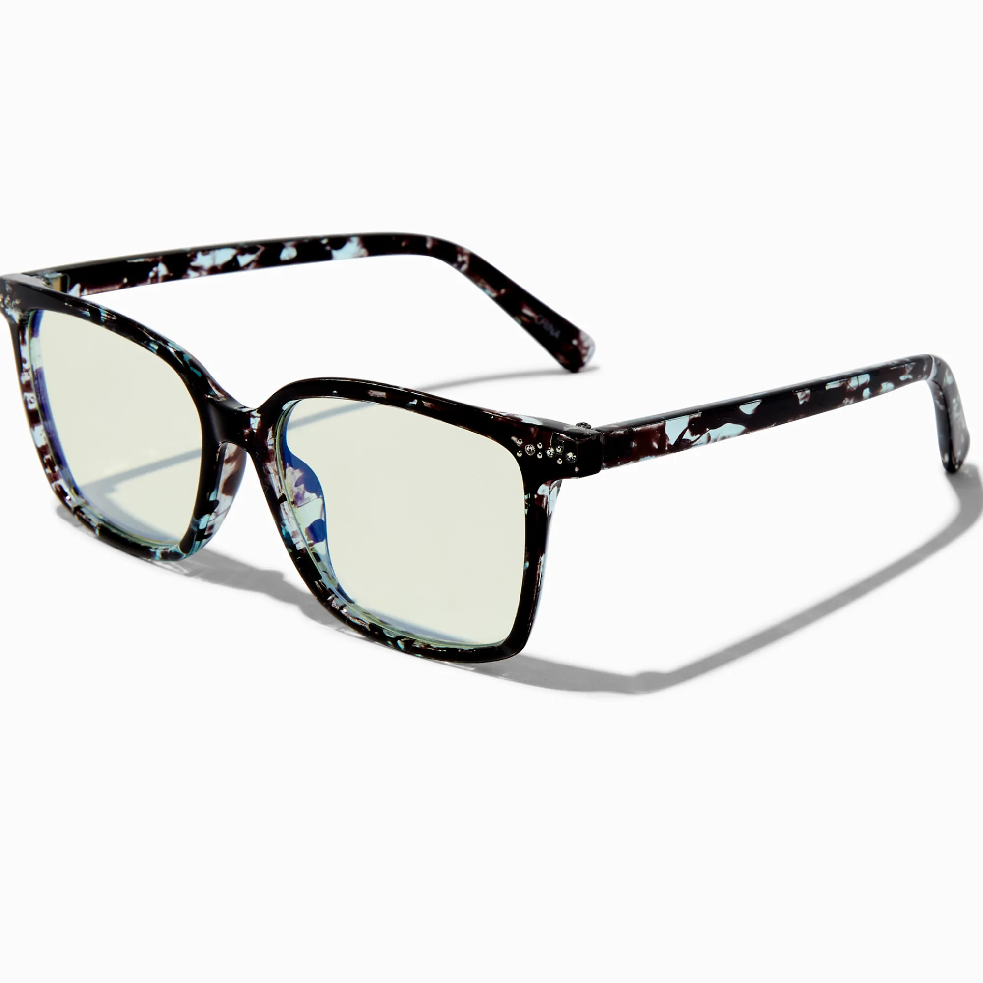 Claire's Lunettes-Lunettes à verres transparents rétro couleur écaille de tortue bleue avec réduction de la lumière bleue