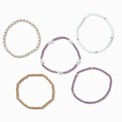 Claire's Bracelets-Mauve Gold-tone Beaded Stretch Bracelets - 5 Pack
