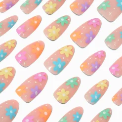 Claire's Ongles-Multicoloured Daisy Long Almond Vegan Faux Nail Set - 24 Pack