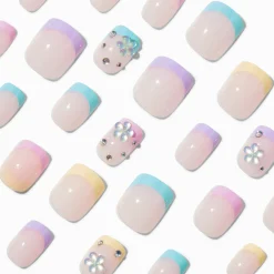 Claire's Ongles-Multicoloured French Tip Bling Short Square Vegan Faux Nail Set - 24 Pack