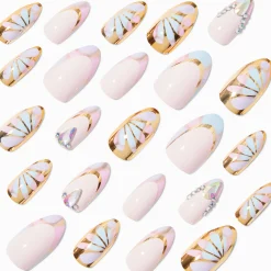 Claire's Ongles-Multi Daisy Gold Chrome Bling Stiletto French Tip Vegan Faux Nail Set - 24 Pack