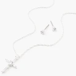 Claire's Clous D'oreilles|Colliers-Parure de bijoux croix zircon cubique d'imitation couleur argentée — Lot de 2