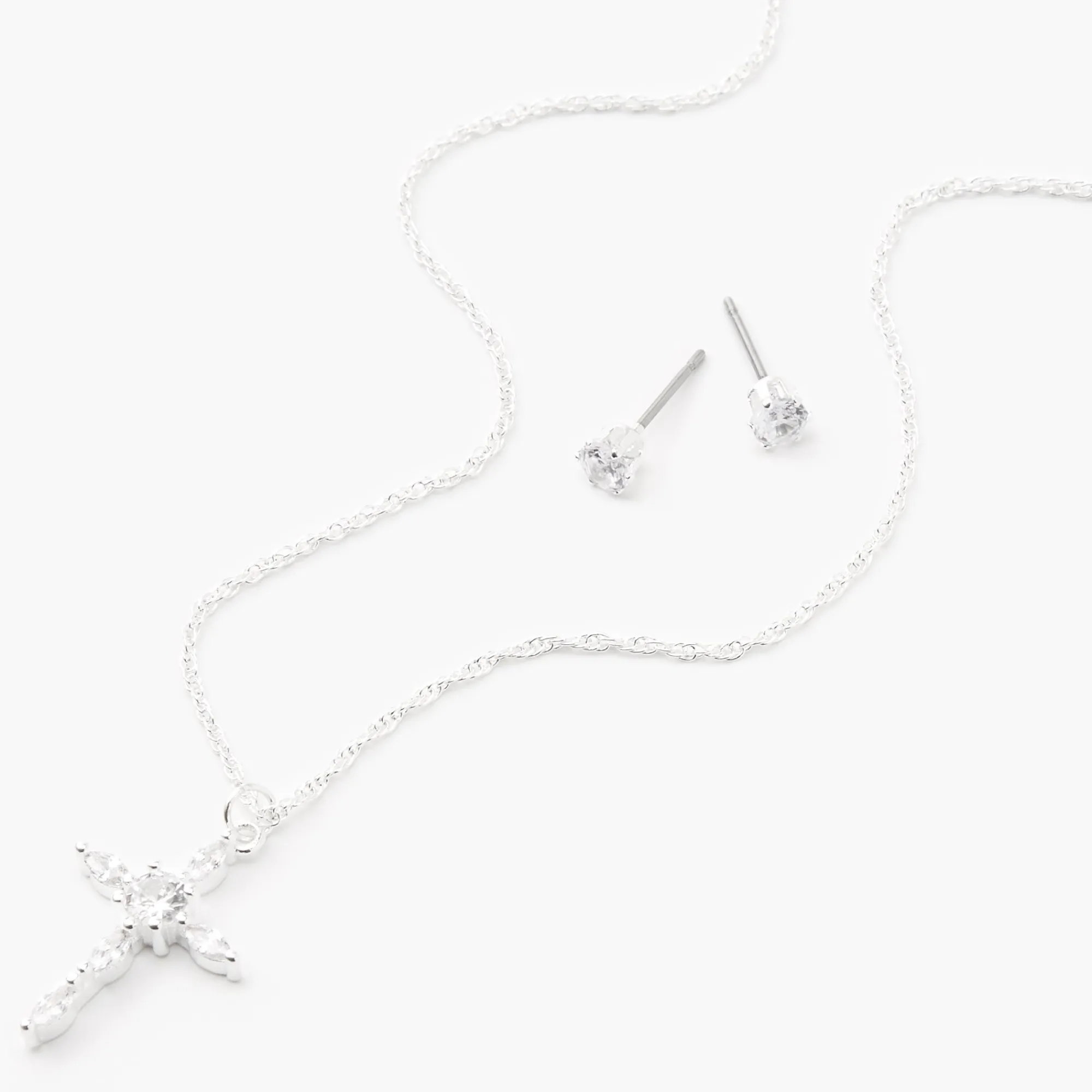 Claire's Clous D'oreilles|Colliers-Parure de bijoux croix zircon cubique d'imitation couleur argentée — Lot de 2