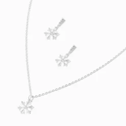 Claire's Clous D'oreilles|Colliers-Parure de bijoux flocon de neige en zircon cubique couleur argentée - Lot de 2