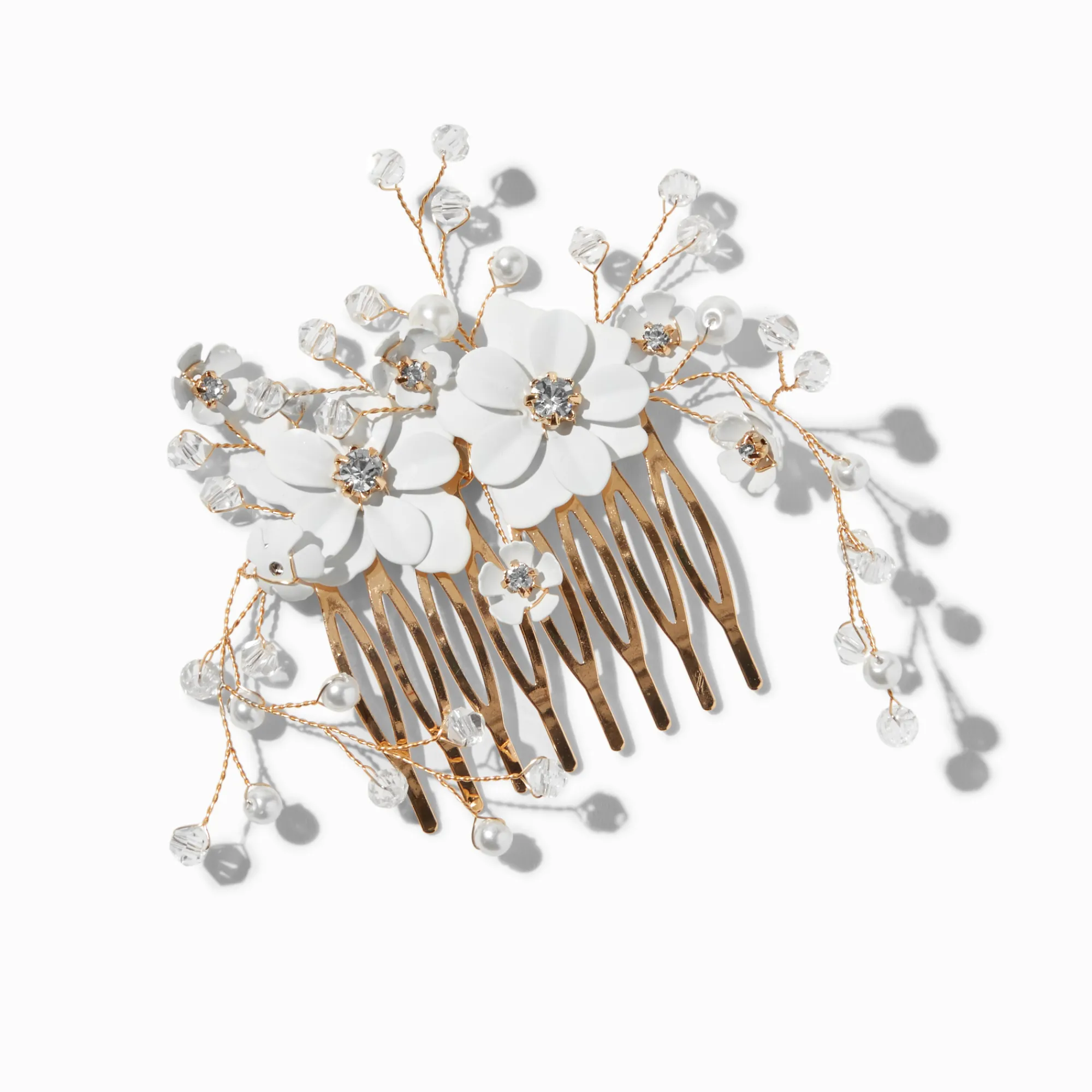 Claire's Fleurs Pour Cheveux-Peigne à cheveux couleur dorée perles d'imitation et fleurs blanches