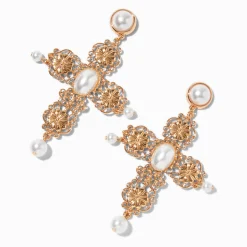 Claire's Pendantes-Pendantes 8 cm croix perles d'imitation décorées couleur dorée