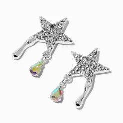 Claire's Pendantes-Pendantes goutte iridescentes étoile en pavé couleur argentée